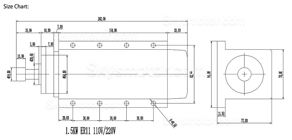 空冷式CNCスピンドルモーター Huajiang-1.5KW 110V/220V 1.5kW 24000RPM ER11/ER16コレット 400Hz 航空プラグ付き